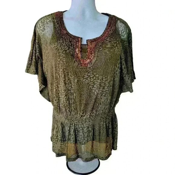 Alfani Tops - Alfani Sheer Blouse Top Olive Green Animal Print Beaded Neckline 2 Piece Size L